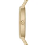 Side view of a gold-tone wristwatch with a metal link band and round crown on the side