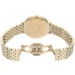 Gold-tone wristwatch with a multi-link metal bracelet, shown from the back with a deployed clasp visible.