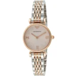 Women's two-tone wristwatch with rose-gold bezel and silver-and-rose bracelet, pink dial with crystal hour markers.