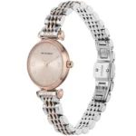 Two-tone wristwatch with rose-gold case and silver bracelet, crystal hour markers, and Emporio Armani branding on the dial