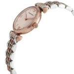 Two-tone metal wristwatch with rose-gold case and silver links, viewed from a diagonal side angle.