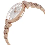 ar11244-emporio-armani-watch-women-crystals-white-dial-stainless-steel-metal-rose-gold-strap-quartz-battery-analog-gianni-t-bar_6 Rose-gold women's wristwatch with a crystal-studded dial and metal link band, angled to show the crown and bracelet.