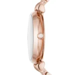 ar11244-emporio-armani-watch-women-crystals-white-dial-stainless-steel-metal-rose-gold-strap-quartz-battery-analog-gianni-t-bar_8 Side view of a rose-gold wristwatch with a white dial and a white crown on a delicate linked band