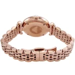 ar11244-emporio-armani-watch-women-crystals-white-dial-stainless-steel-metal-rose-gold-strap-quartz-battery-analog-gianni-t-bar_9 Back view of a rose-gold metal wristwatch with a multi-link bracelet and folding clasp, laid flat against a white background