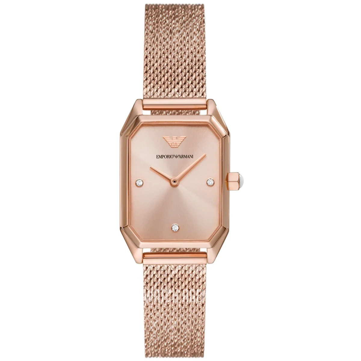 Rose gold Emporio Armani women's watch with a rectangular case and woven mesh band.