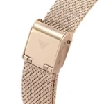 ar11347-emporio-armani-watch-square-women-rose-gold-dial-mesh-stainless-steel-metal-rose-gold-strap-quartz-battery-analog-gioia_7_1024x1024 Close-up of a rose-gold mesh metal watch band with a rectangular deployment clasp.