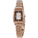 Rose gold women's wristwatch with a rectangular brown dial, crystal-studded center, and linked bracelet.