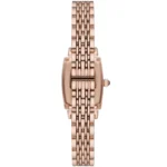 Rose gold women's wristwatch viewed from the side, showing a multi-link metal bracelet and fold-over clasp