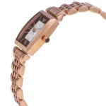 Rose gold rectangular wristwatch with a crystal-studded dial and metal-link band.