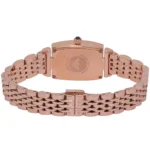 Back view of a rose-gold metal wristwatch with a multi-link bracelet and crown on top of the case