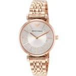 Rose gold-tone Emporio Armani women's wristwatch with a crystal-paved dial and metal link bracelet