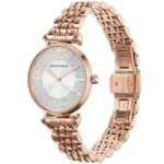 Rose-gold Emporio Armani women's watch with a crystal-studded bezel and linked metal bracelet.