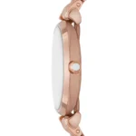 Rose gold wristwatch with a round face, shown in a side view with a linked butterfly-style bracelet