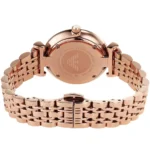 Rose gold wristwatch shown from the back with a multi-link band and clasp visible on a white background.