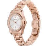 Rose gold Emporio Armani bracelet watch with crystal-studded bezel, silver dial, date window, and linked band