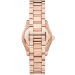 Rose-gold metal wristwatch shown from the side, highlighting the linked bracelet and deployment clasp in focus