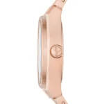 Side view of a rose-gold wristwatch with a metal band; the crown features the Armani eagle logo.