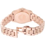 Rose gold-tone wristwatch with a metal link bracelet, viewed from the back with the deployment clasp open.