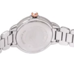 ar11643-emporio-armani-watch-women-crystals-silver-dial-metal-stainless-steel-rose-gold-strap-quartz-analog-mia_11 Rear view of a silver stainless steel wristwatch with a engraved case back and crown.