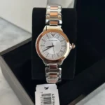 ar11643-emporio-armani-watch-women-crystals-silver-dial-metal-stainless-steel-rose-gold-strap-quartz-analog-mia_13 Two-tone Emporio Armani women's wristwatch with diamond-studded face in a black display box.