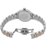 ar11643-emporio-armani-watch-women-crystals-silver-dial-metal-stainless-steel-rose-gold-strap-quartz-analog-mia_3 Back view of a silver two-tone wristwatch with rose-gold center links and an open deployment clasp