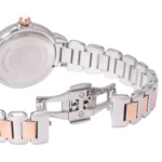 ar11643-emporio-armani-watch-women-crystals-silver-dial-metal-stainless-steel-rose-gold-strap-quartz-analog-mia_4 Close-up of a silver and rose-gold two-tone wristwatch bracelet with a deployant clasp and the back case visible in the background