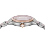 ar11643-emporio-armani-watch-women-crystals-silver-dial-metal-stainless-steel-rose-gold-strap-quartz-analog-mia_6 Two-tone wristwatch with a rose-gold bezel and silver bracelet, viewed from the side showing the crown.