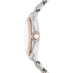 ar11643-emporio-armani-watch-women-crystals-silver-dial-metal-stainless-steel-rose-gold-strap-quartz-analog-mia_8 Side view of a two-tone stainless steel wristwatch with a rose-gold bezel and crown, shown from the side.