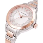 ar11643-emporio-armani-watch-women-crystals-silver-dial-metal-stainless-steel-rose-gold-strap-quartz-analog-mia_9 Emporio Armani women's wristwatch with a rose gold bezel and crystal-studded dial on a silver band.