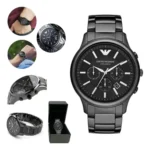 ar1452-emporio-armani-watch-200 Black stainless steel chronograph watch (Emporio Armani) with multiple subdials and date window; shown with a matching bracelet and box.