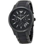 ar1452-emporio-armani-watch-men-black-ceramic-ceramica-2 Black Emporio Armani ceramic chronograph wristwatch with a metal bracelet and three subdials.
