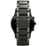ar1452-emporio-armani-watch-men-black-ceramic-ceramica-8 Close-up of a black stainless steel watch band with a partial watch case on the left.