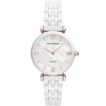 ar1486-emporio-armani-watch-ceramica-women-mother-of-pearl-white-dial-ceramic-strap-quartz-battery-analog-gianni-t-bar White ceramic Emporio Armani wristwatch with rose-gold hands, indices, and crown on a white marble-like dial with logo at 12 o'clock.