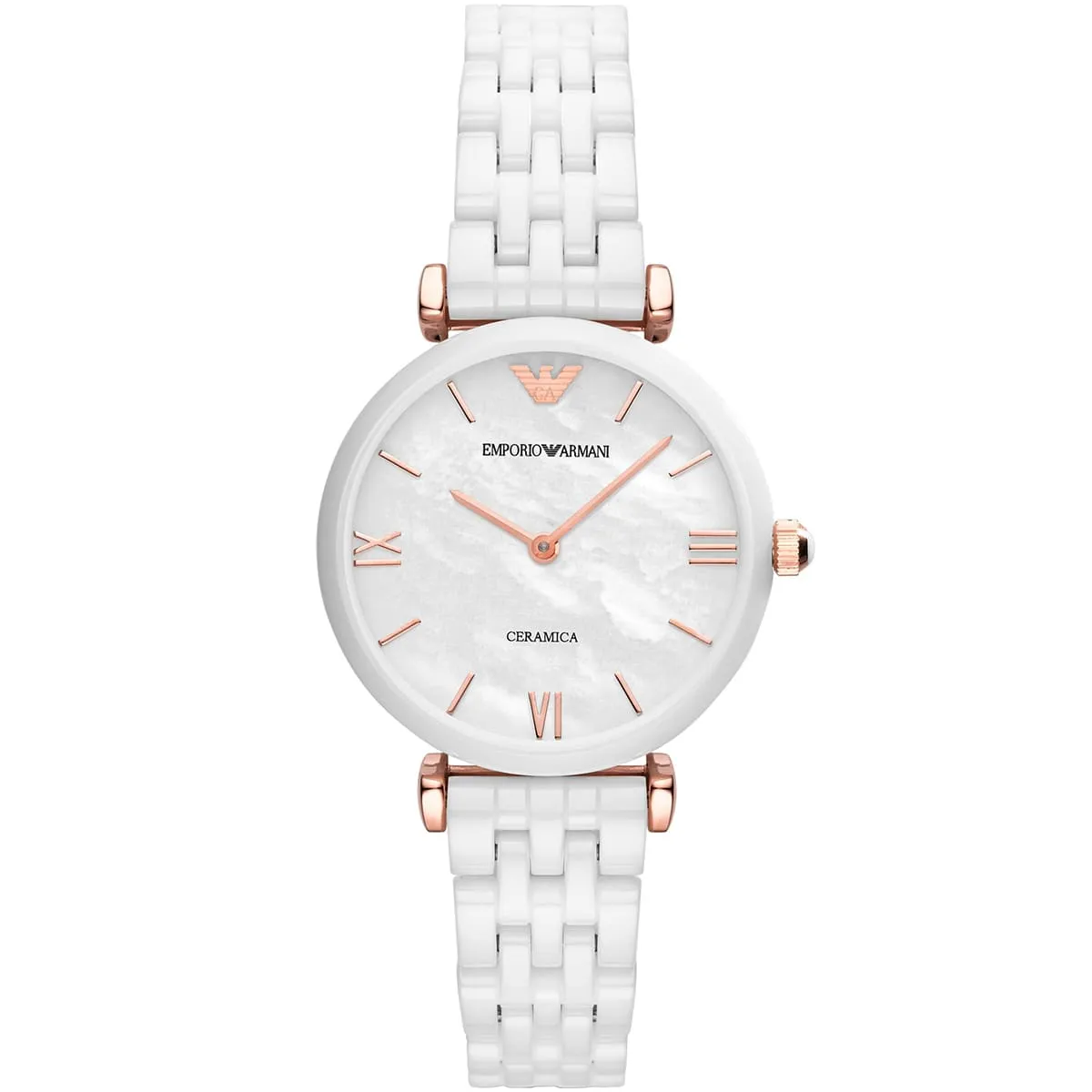 White ceramic Emporio Armani wristwatch with rose-gold hands, indices, and crown on a white marble-like dial with logo at 12 o'clock.