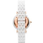 ar1486-emporio-armani-watch-ceramica-women-mother-of-pearl-white-dial-ceramic-strap-quartz-battery-analog-gianni-t-bar_3 Back view of a women's wristwatch with a white ceramic link bracelet and rose-gold case and clasp, showing the deployment clasp.