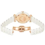 ar1486-emporio-armani-watch-ceramica-women-mother-of-pearl-white-dial-ceramic-strap-quartz-battery-analog-gianni-t-bar_7 White ceramic-link wristwatch with a rose-gold back and deployant clasp, shown from the rear edge-to-edge view.