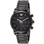 Black Emporio Armani Ceramica chronograph watch with a metal link bracelet and black dial.