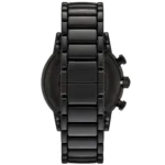 Back view of a black stainless steel wristwatch, showing the segmented bracelet and side crown/pushers on the right side of the case.