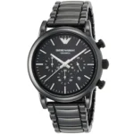 Black Emporio Armani ceramic chronograph watch with a black metal link band and three subdials on a dark face.