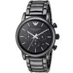 Emporio Armani Ceramica black chronograph wristwatch with a metal link bracelet and three subdials