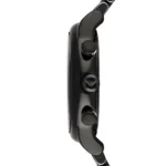 Side view of a black wristwatch with a knurled crown and glossy case.