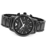 Black stainless steel wristwatch with chronograph subdials on a metal bracelet.
