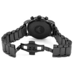 Back view of a black stainless steel wristwatch with a linked bracelet and open deployment clasp (shows the case back).