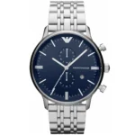 Emporio Armani stainless steel chronograph watch with a blue dial and date window.