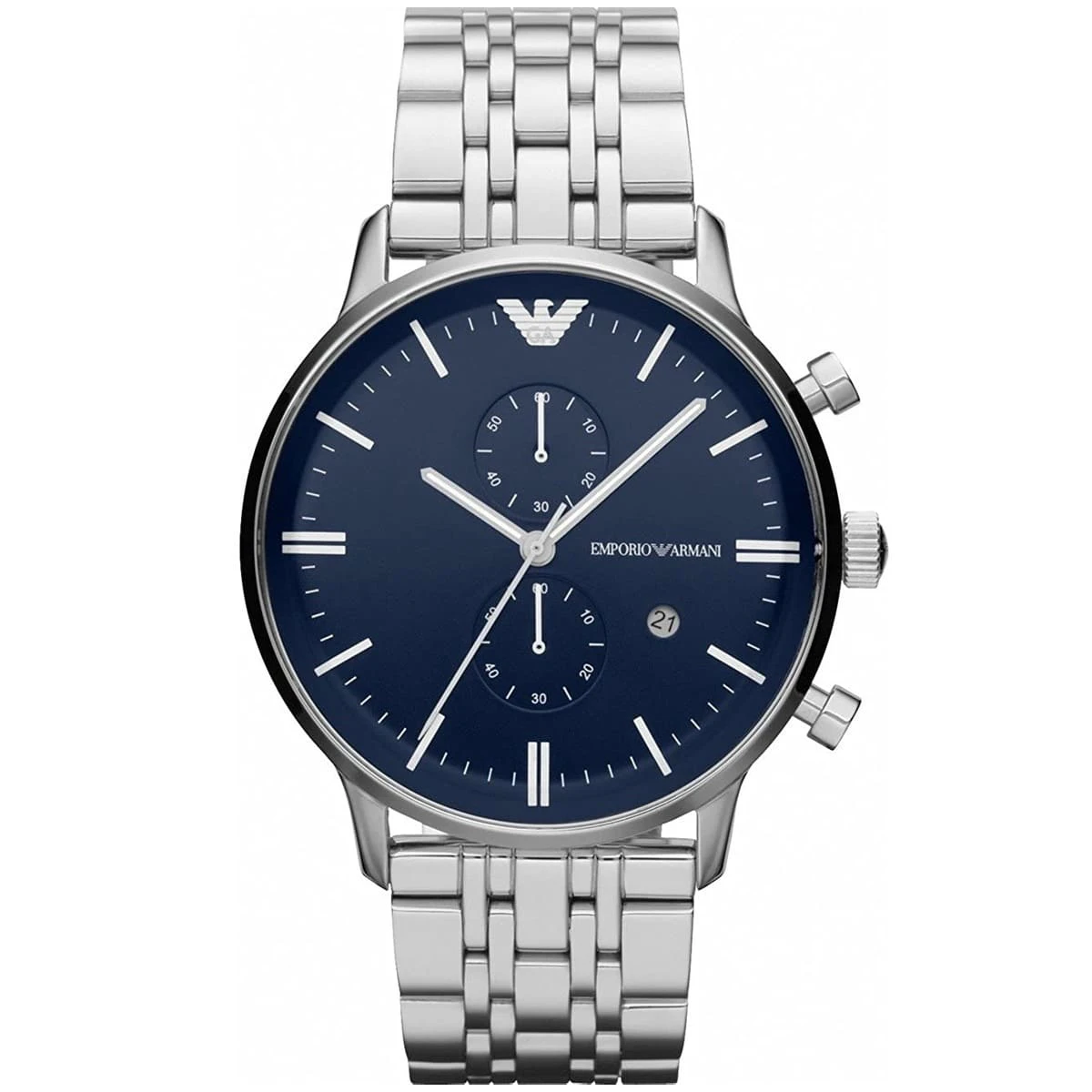 Emporio Armani stainless steel chronograph watch with a blue dial and date window.