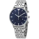 Emporio Armani men's stainless steel chronograph watch with navy-blue dial and three subdials