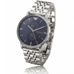 Silver stainless steel Emporio Armani wristwatch with blue dial and subdials.