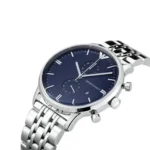Silver metal wristwatch with a dark blue dial and chronograph subdials on a linked bracelet