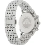 Back view of a silver stainless steel wristwatch with a multi-link bracelet and crown on the right side, case back visible