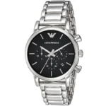 Emporio Armani stainless steel chronograph watch with black dial and silver markers, date window at 4 o'clock